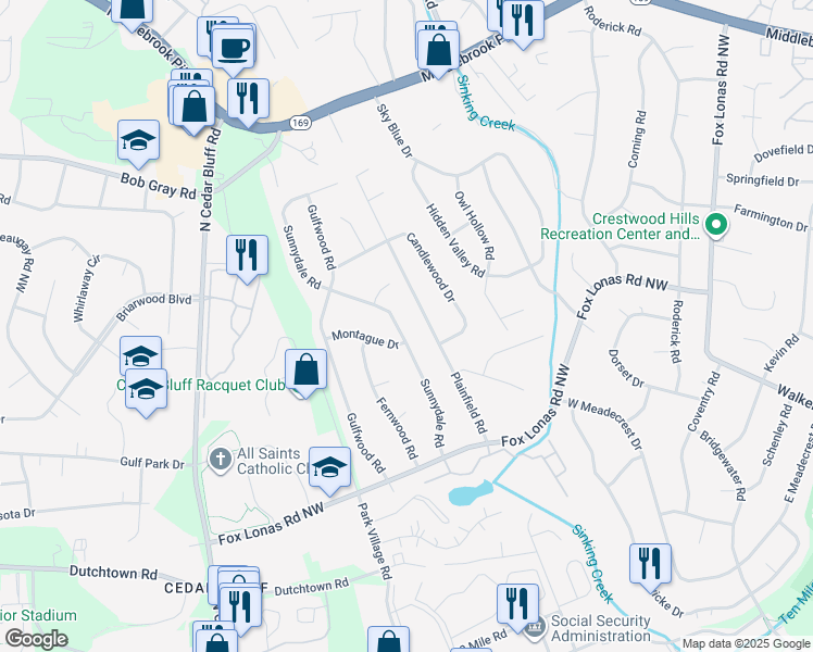 map of restaurants, bars, coffee shops, grocery stores, and more near 712 Sunnydale Road in Knoxville