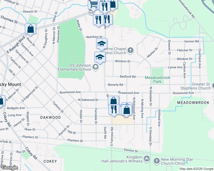 map of restaurants, bars, coffee shops, grocery stores, and more near 500 North Fairview Road in Rocky Mount