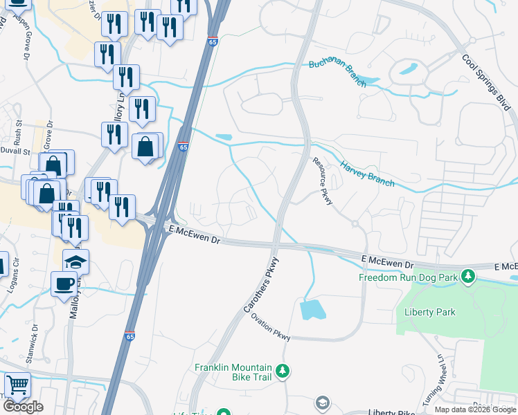 map of restaurants, bars, coffee shops, grocery stores, and more near 6550 Carothers Parkway in Franklin