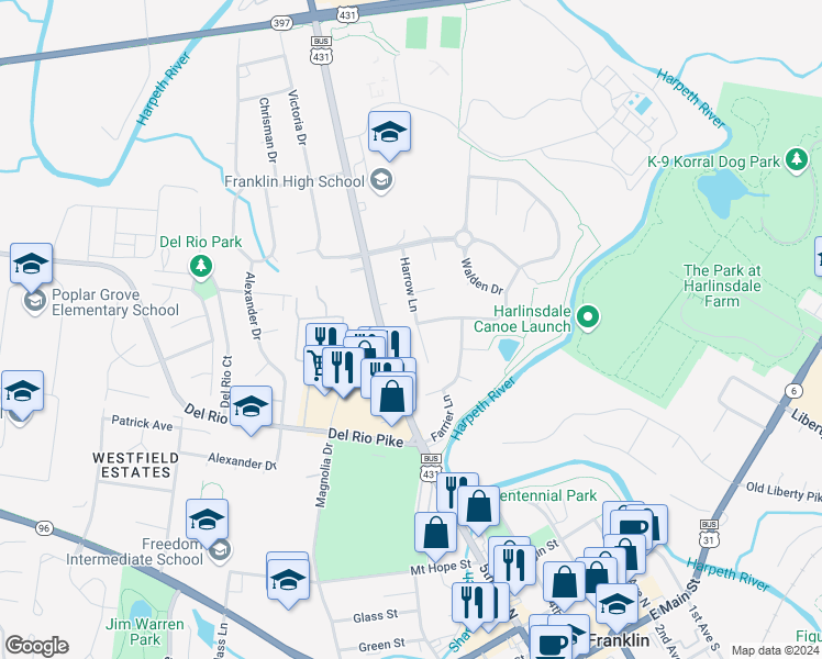 map of restaurants, bars, coffee shops, grocery stores, and more near 721 Harrow Lane in Franklin