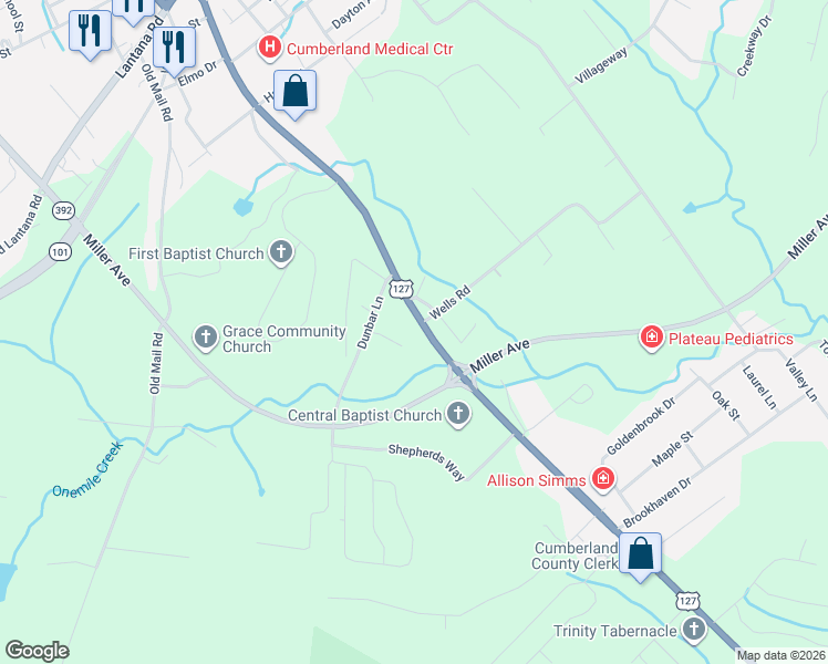 map of restaurants, bars, coffee shops, grocery stores, and more near 1057 South Main Street in Crossville