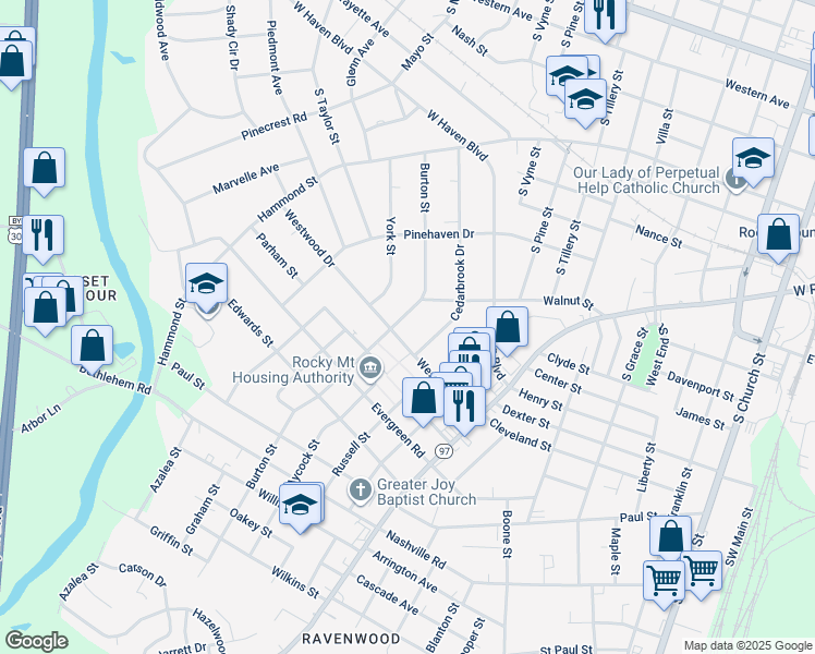 map of restaurants, bars, coffee shops, grocery stores, and more near 853 Burton Street in Rocky Mount