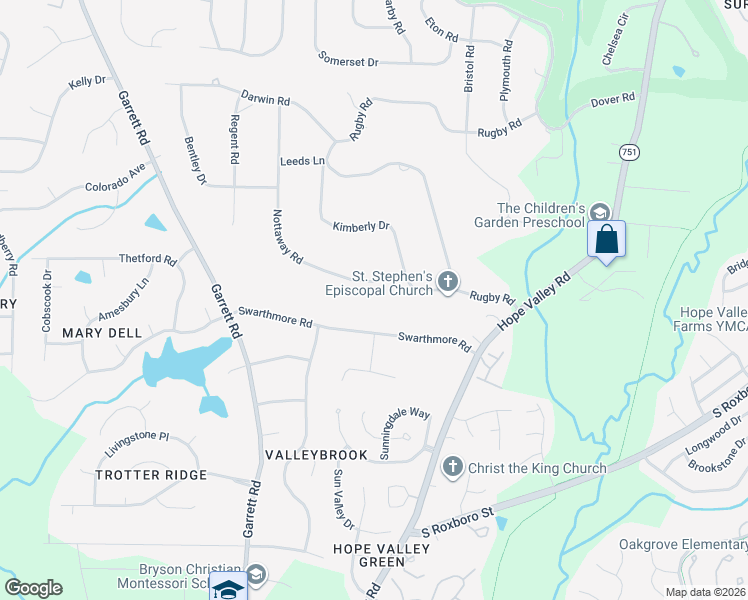 map of restaurants, bars, coffee shops, grocery stores, and more near 4036 Nottaway Road in Durham