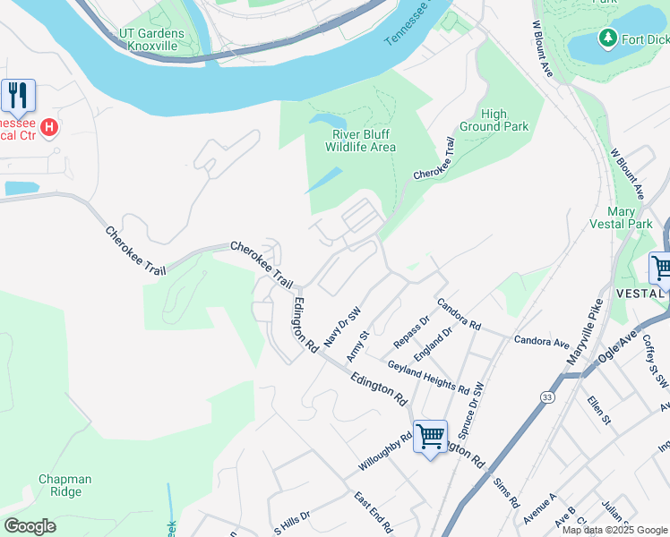 map of restaurants, bars, coffee shops, grocery stores, and more near 3950 Cherokee Woods Way in Knoxville