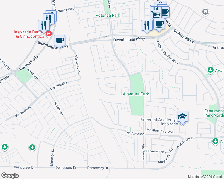 map of restaurants, bars, coffee shops, grocery stores, and more near 2561 Amista Drive in Henderson