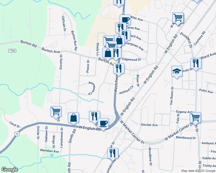 map of restaurants, bars, coffee shops, grocery stores, and more near 609 Stone Place in High Point
