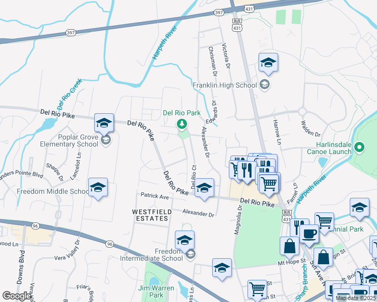map of restaurants, bars, coffee shops, grocery stores, and more near 328 Astor Way in Franklin