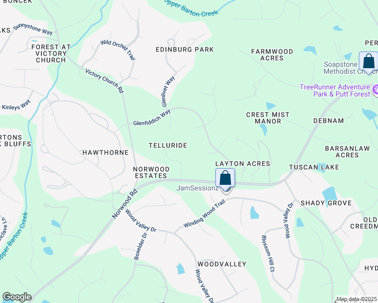 map of restaurants, bars, coffee shops, grocery stores, and more near 12225 Norwood Road in Raleigh