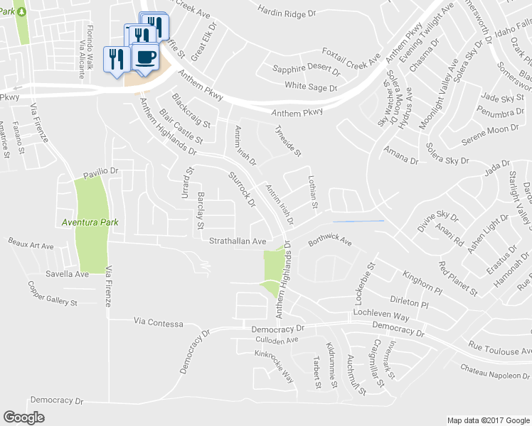 map of restaurants, bars, coffee shops, grocery stores, and more near 2540 Sturrock Drive in Henderson