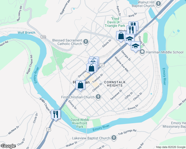 map of restaurants, bars, coffee shops, grocery stores, and more near 501 North Roane Street in Harriman