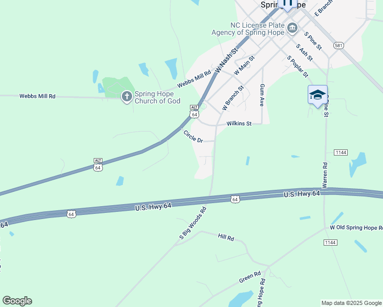 map of restaurants, bars, coffee shops, grocery stores, and more near Greenwood Drive in Spring Hope