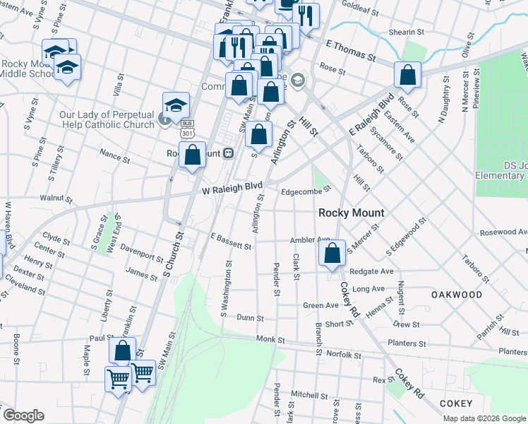 map of restaurants, bars, coffee shops, grocery stores, and more near 526 Arlington St in Rocky Mt