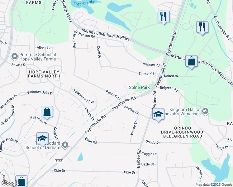 map of restaurants, bars, coffee shops, grocery stores, and more near 609 Pearson Drive in Durham