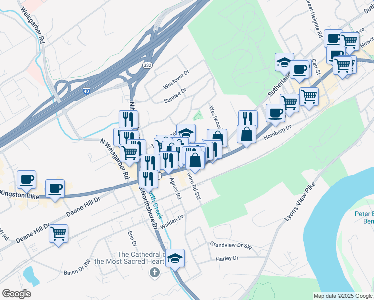 map of restaurants, bars, coffee shops, grocery stores, and more near 5717 Kingston Pike in Knoxville