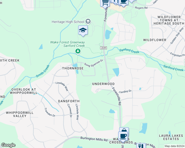 map of restaurants, bars, coffee shops, grocery stores, and more near 1404 Lindenberg Square in Wake Forest