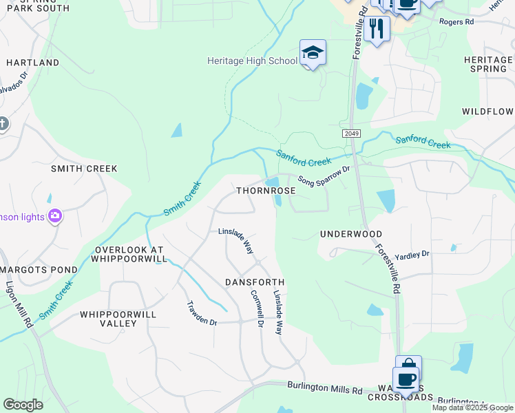 map of restaurants, bars, coffee shops, grocery stores, and more near 1321 Lagerfeld Way in Wake Forest