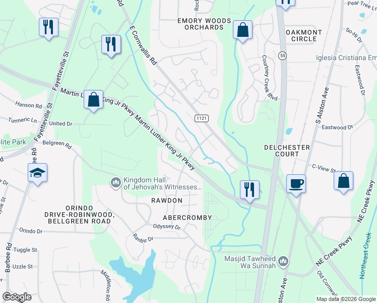 map of restaurants, bars, coffee shops, grocery stores, and more near 3313 Tarleton West in Durham