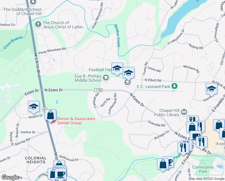 map of restaurants, bars, coffee shops, grocery stores, and more near 606 North Estes Drive in Chapel Hill