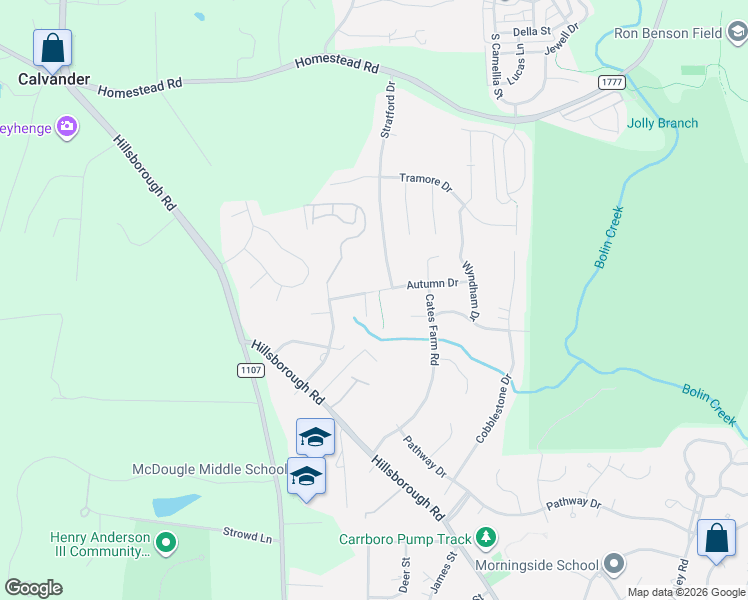 map of restaurants, bars, coffee shops, grocery stores, and more near 107 Autumn Drive in Chapel Hill