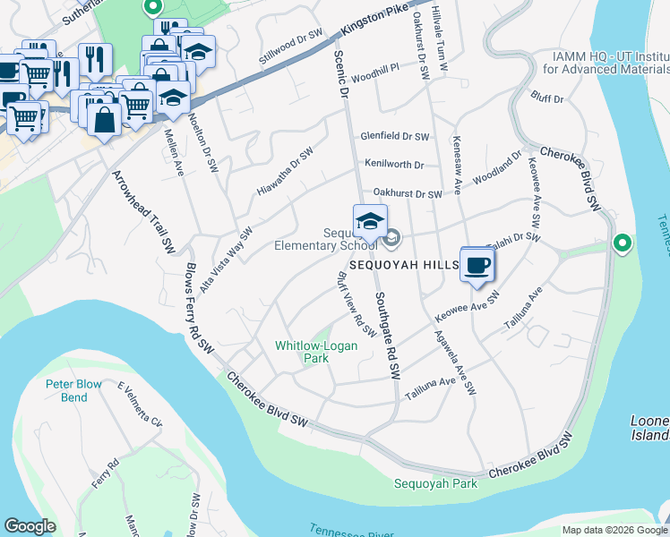 map of restaurants, bars, coffee shops, grocery stores, and more near 950 Scenic Drive in Knoxville