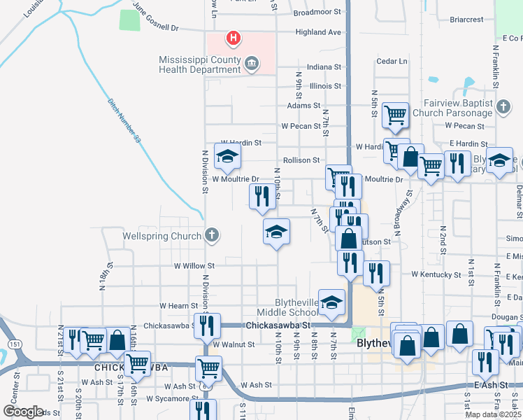 map of restaurants, bars, coffee shops, grocery stores, and more near 1104 Dixie Street in Blytheville