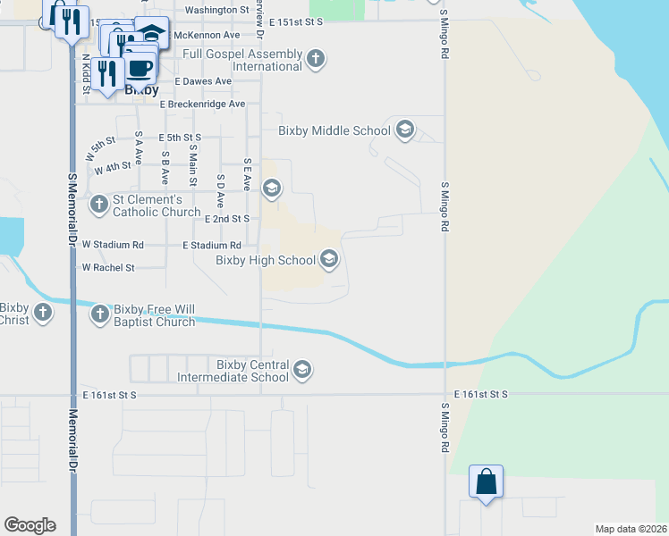 map of restaurants, bars, coffee shops, grocery stores, and more near 601 South Riverview Drive in Bixby