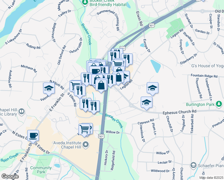 map of restaurants, bars, coffee shops, grocery stores, and more near 1301 North Fordham Boulevard in Chapel Hill