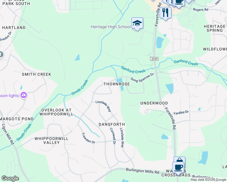 map of restaurants, bars, coffee shops, grocery stores, and more near 1321 Lagerfeld Way in Wake Forest