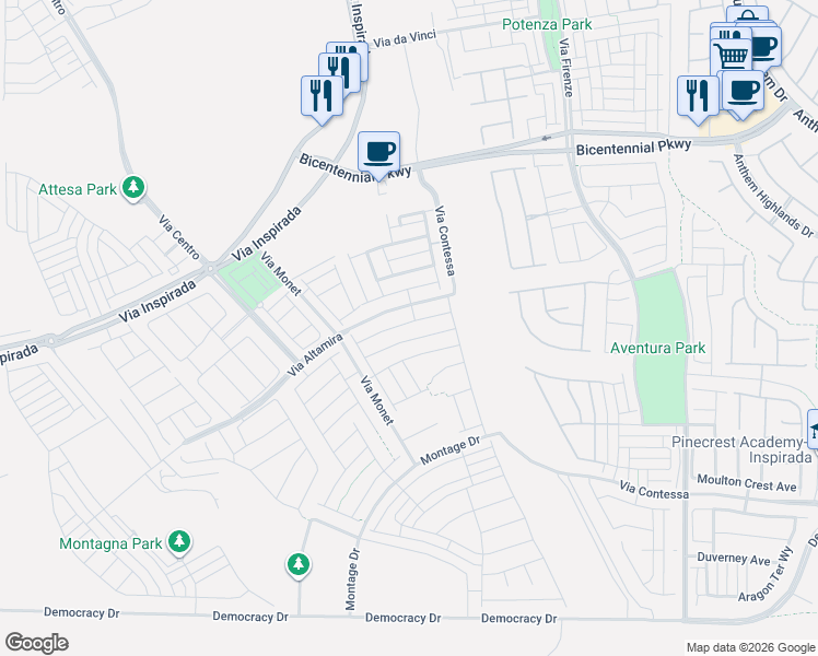 map of restaurants, bars, coffee shops, grocery stores, and more near Via Contessa in Henderson