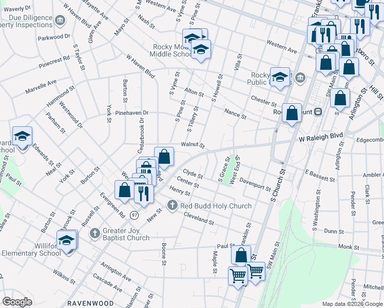 map of restaurants, bars, coffee shops, grocery stores, and more near 709 Walnut Street in Rocky Mount