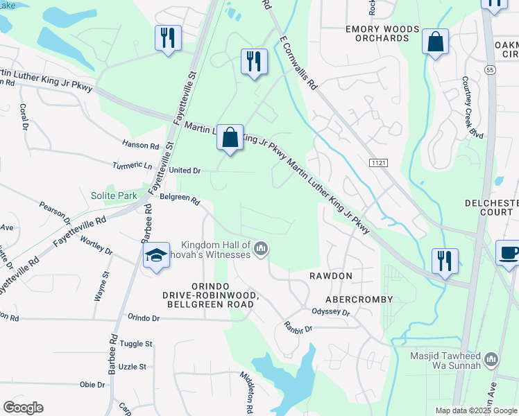 map of restaurants, bars, coffee shops, grocery stores, and more near 117 Silver Fir Ln in Durham