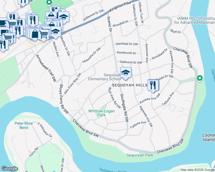 map of restaurants, bars, coffee shops, grocery stores, and more near 950 Scenic Drive in Knoxville