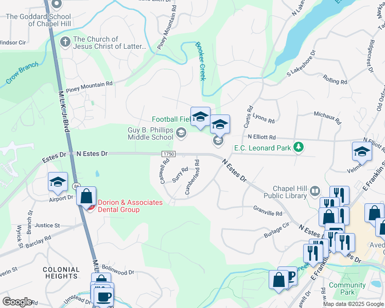 map of restaurants, bars, coffee shops, grocery stores, and more near 606 North Estes Drive in Chapel Hill