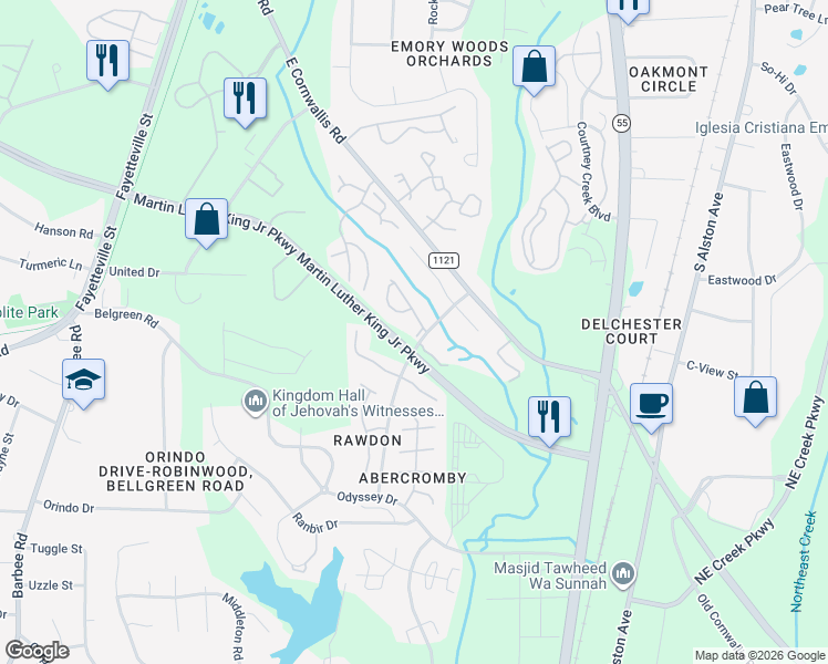 map of restaurants, bars, coffee shops, grocery stores, and more near 3313 Tarleton West in Durham