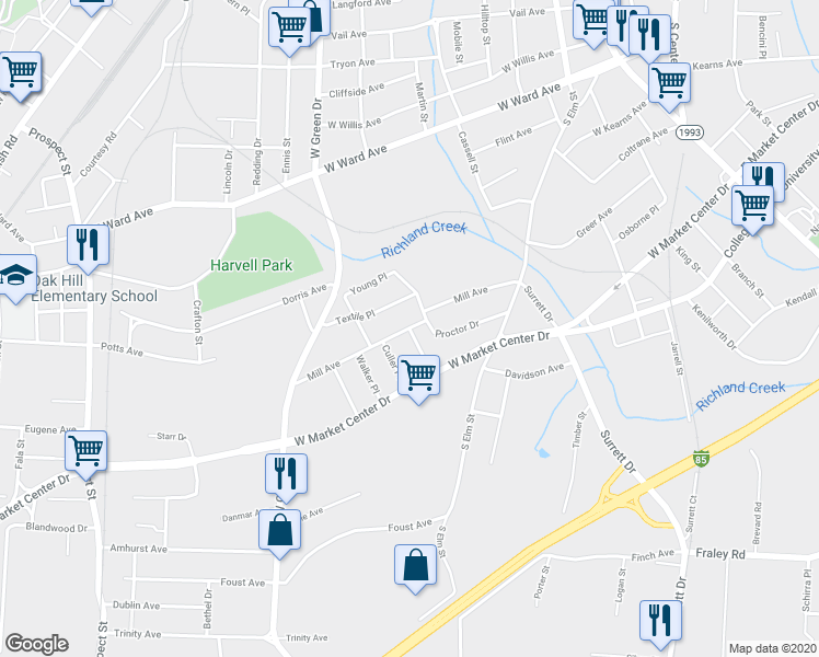 map of restaurants, bars, coffee shops, grocery stores, and more near 101 Fowler Place in High Point