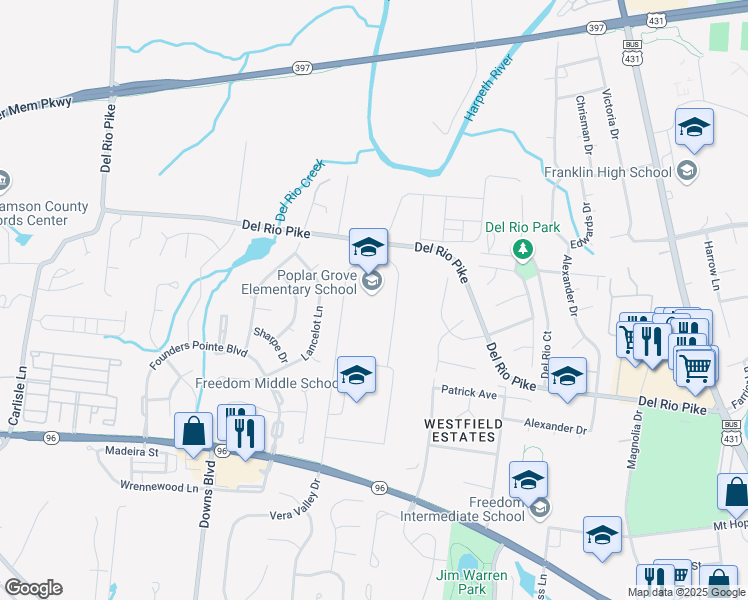 map of restaurants, bars, coffee shops, grocery stores, and more near 2959 Del Rio Pike in Franklin