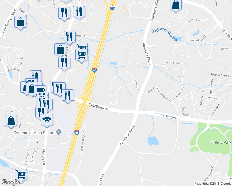 map of restaurants, bars, coffee shops, grocery stores, and more near Tower Circle in Franklin