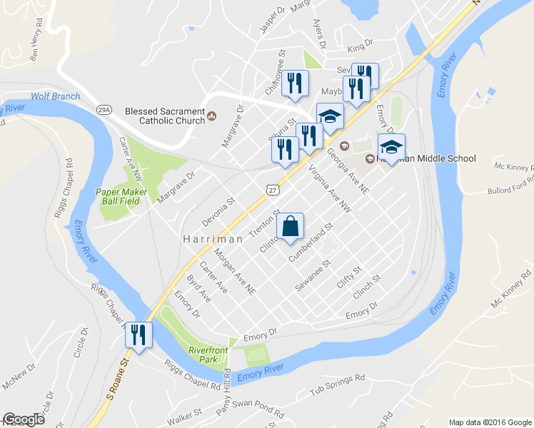 map of restaurants, bars, coffee shops, grocery stores, and more near 519 Trenton Street in Harriman