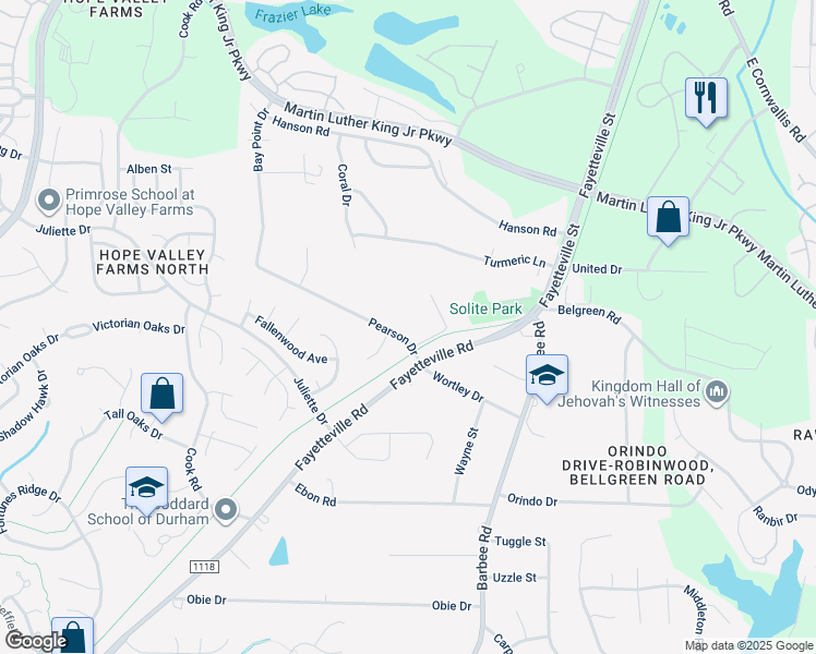 map of restaurants, bars, coffee shops, grocery stores, and more near 609 Pearson Drive in Durham