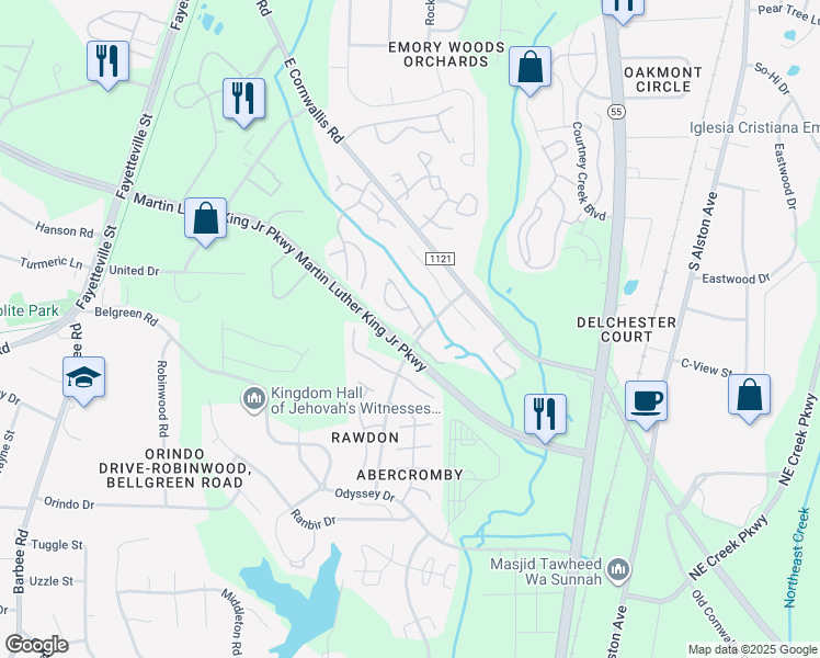 map of restaurants, bars, coffee shops, grocery stores, and more near 3313 Tarleton West in Durham
