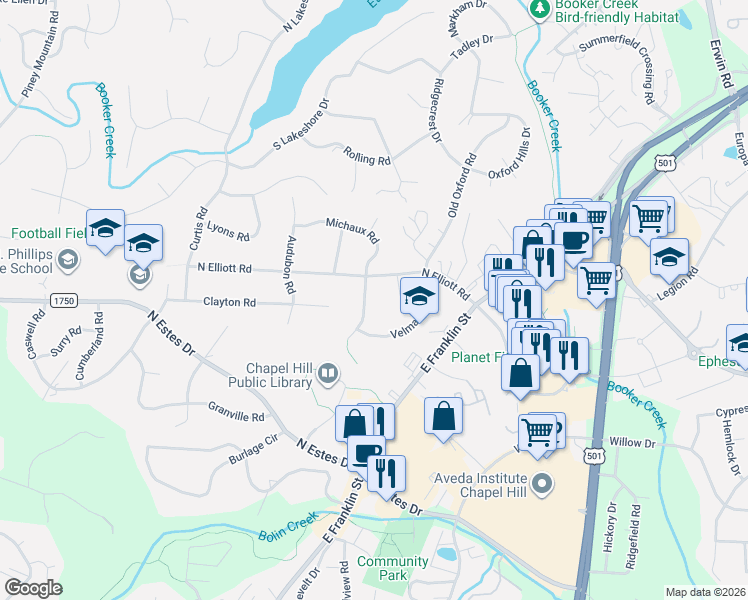 map of restaurants, bars, coffee shops, grocery stores, and more near 1506 Michaux Road in Chapel Hill