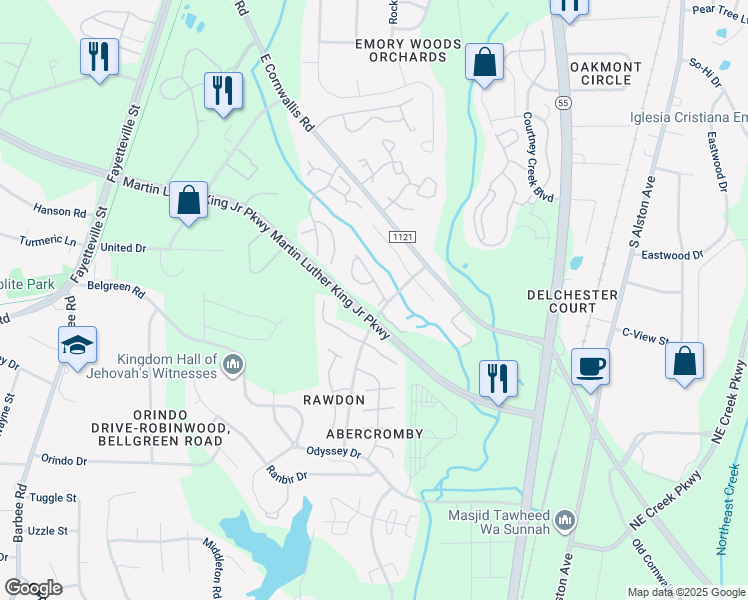 map of restaurants, bars, coffee shops, grocery stores, and more near 3313 Tarleton West in Durham