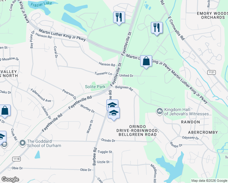 map of restaurants, bars, coffee shops, grocery stores, and more near 508 Belgreen Road in Durham