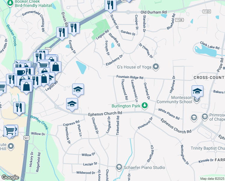 map of restaurants, bars, coffee shops, grocery stores, and more near 408 Tinkerbell Road in Chapel Hill