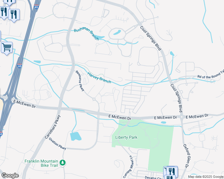 map of restaurants, bars, coffee shops, grocery stores, and more near 1001 Eden Park Drive in Franklin