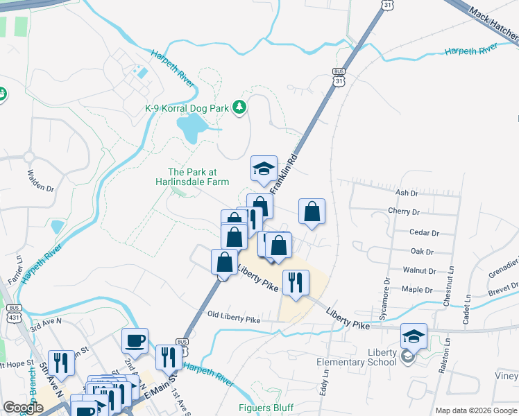 map of restaurants, bars, coffee shops, grocery stores, and more near 305 Franklin Road in Franklin