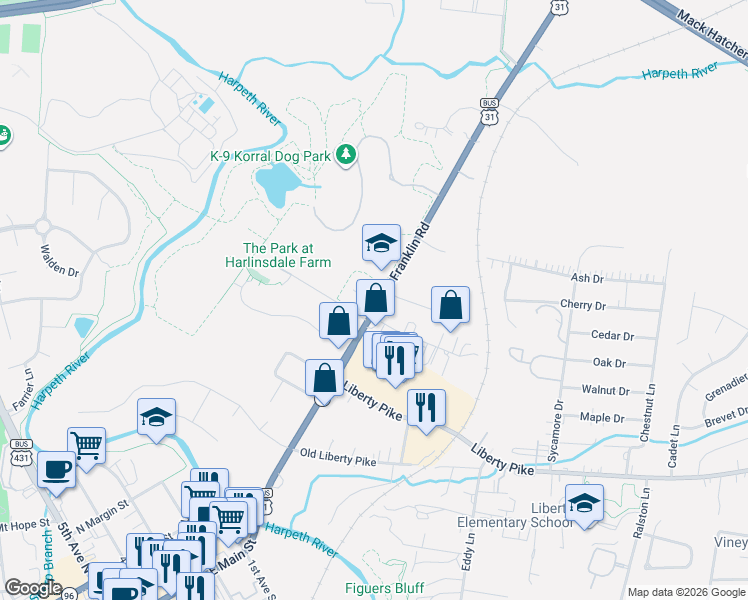 map of restaurants, bars, coffee shops, grocery stores, and more near 305 Franklin Road in Franklin