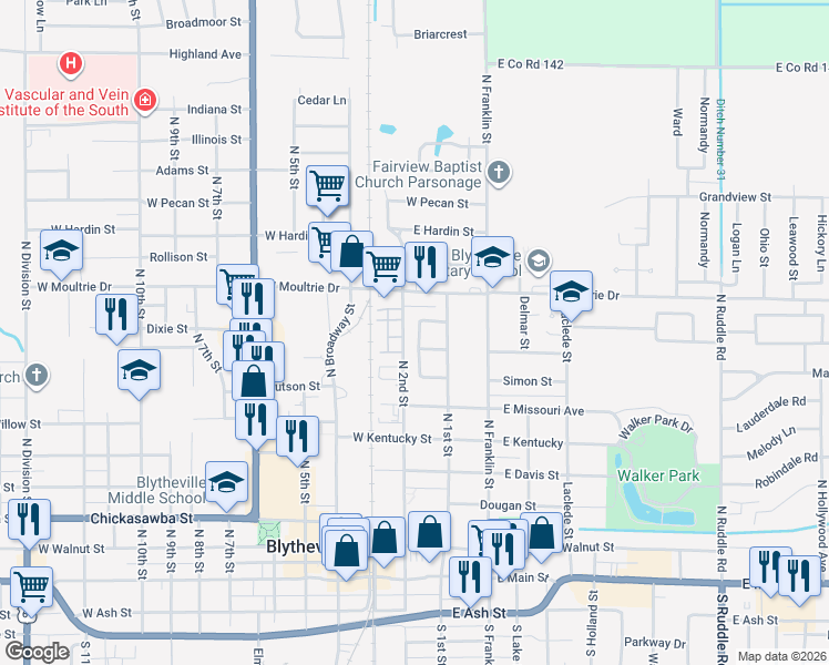 map of restaurants, bars, coffee shops, grocery stores, and more near 124 North Crescent Drive in Blytheville