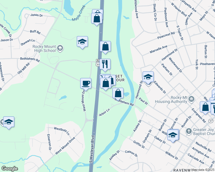 map of restaurants, bars, coffee shops, grocery stores, and more near 802 Harbour West Drive in Rocky Mount