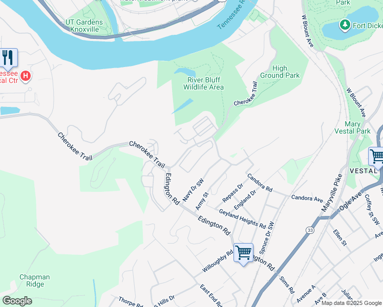 map of restaurants, bars, coffee shops, grocery stores, and more near 3950 Cherokee Woods Way in Knoxville